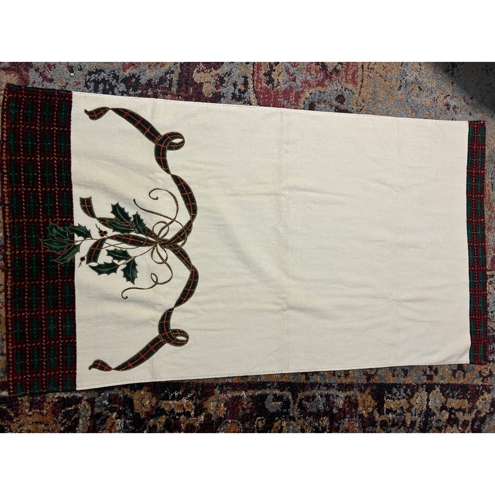 Lenox Holiday Nouveau Christmas Bath Towel Set 4 Holly Plaid Gold Glitter Ivory - Picture 5 of 9
